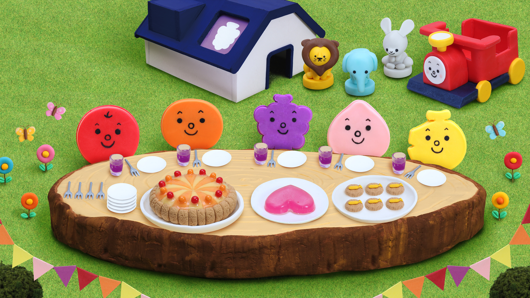 【クレイアート／粘土立体イラスト】<br>『こどもちゃれんじ ぷち』用クレイアート「みんな なかよし くだものさん」