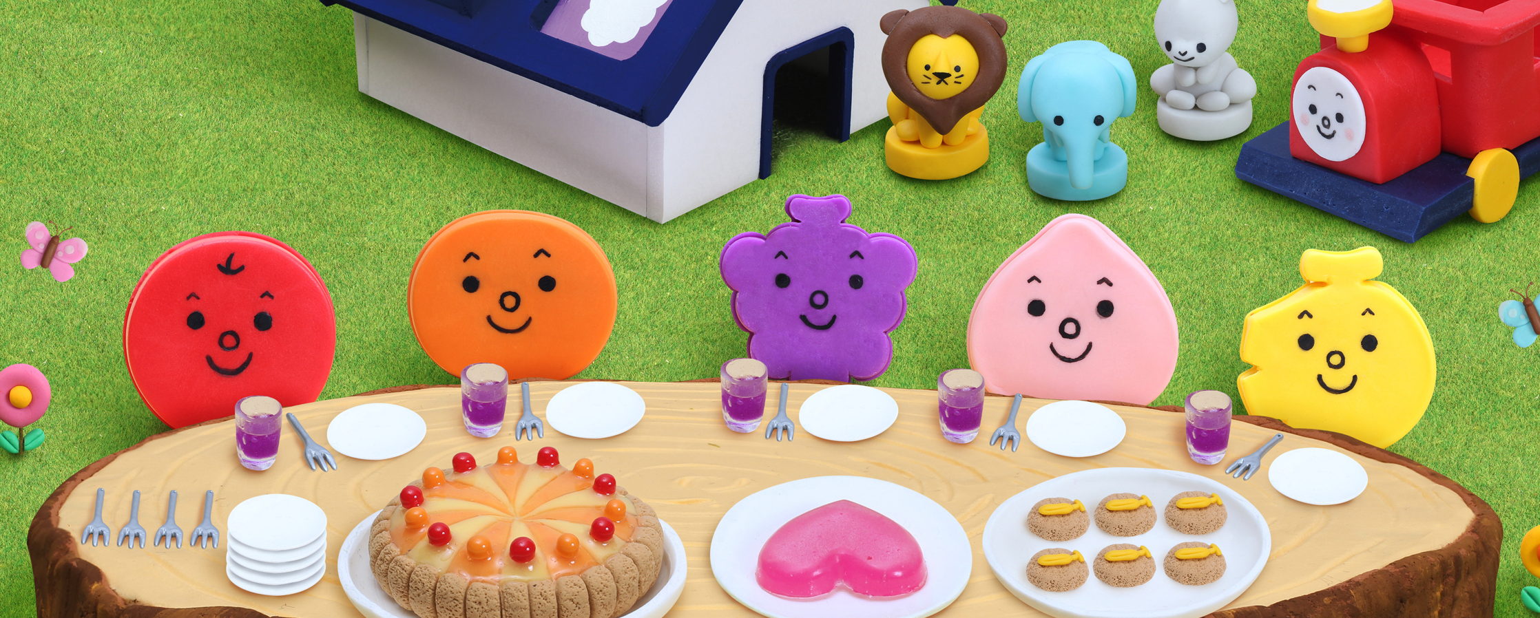 【クレイアート／粘土立体イラスト】<br>『こどもちゃれんじ ぷち』用クレイアート「みんな なかよし くだものさん」