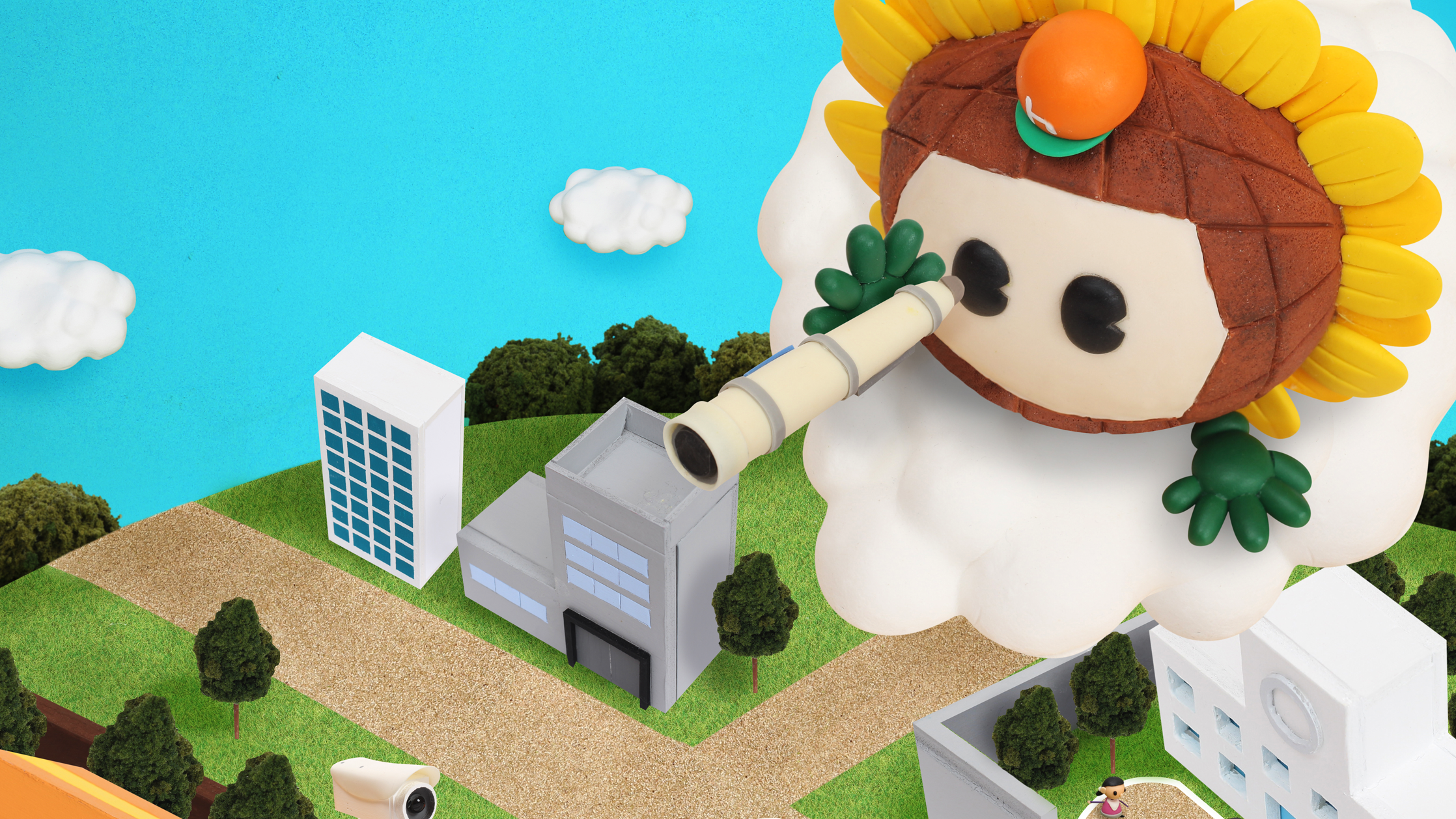 【クレイアート／粘土立体イラスト】ひまわりネットワーク<br>新聞広告 5月号 “防犯カメラと地域の安全” ビジュアル制作