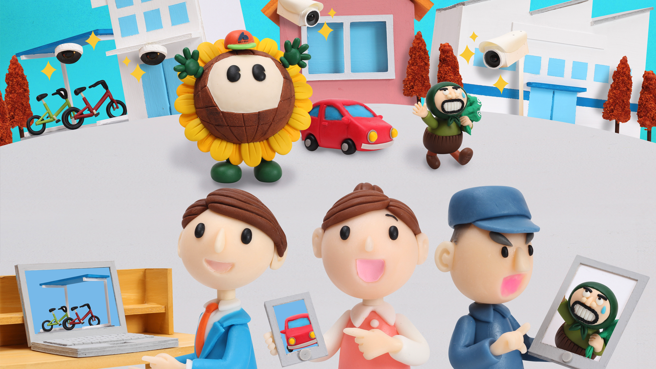 【クレイアート／粘土立体イラスト】<br>ひまわりネットワーク 新聞広告 11月号 “防犯カメラで安全をチェック！” ビジュアル制作