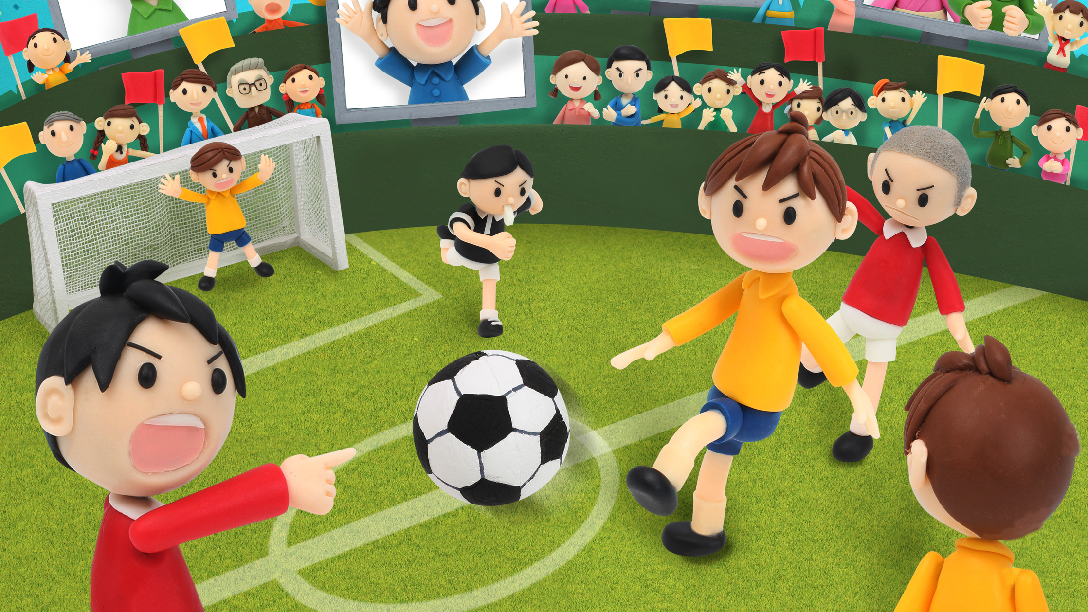 【クレイアート／粘土立体イラスト】<br>ひまわりネットワーク 新聞広告 9月号 “地域の少年サッカーチームの試合を放送！” ビジュアル制作