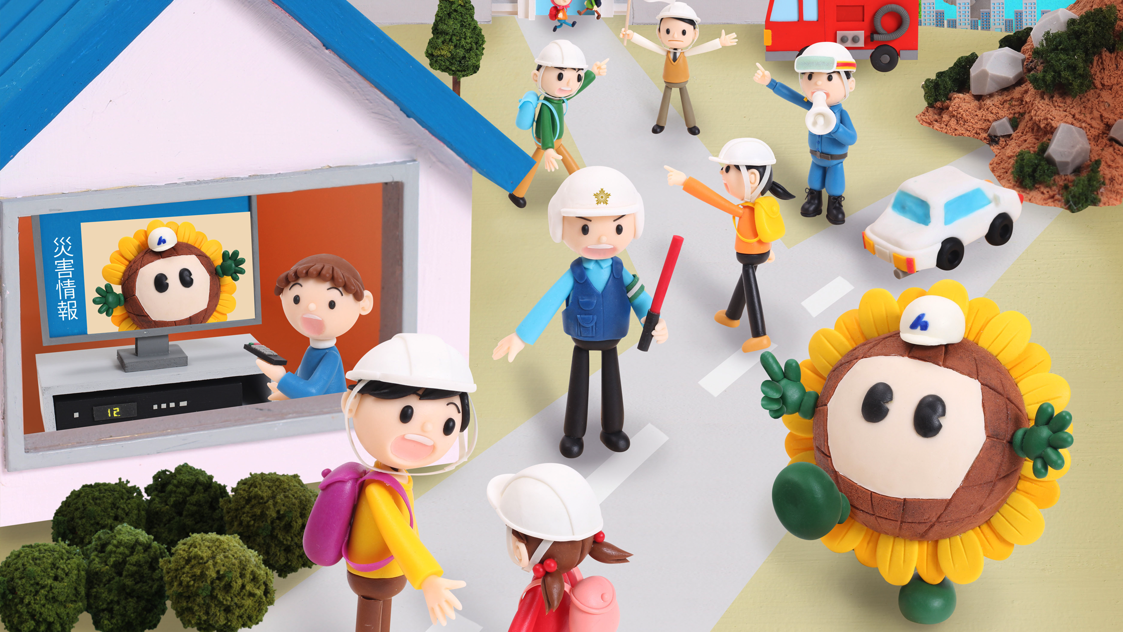 【クレイアート／粘土立体イラスト】<br>ひまわりネットワーク 新聞広告 11月号 “災害情報はひまわりネットワーク” ビジュアル制作